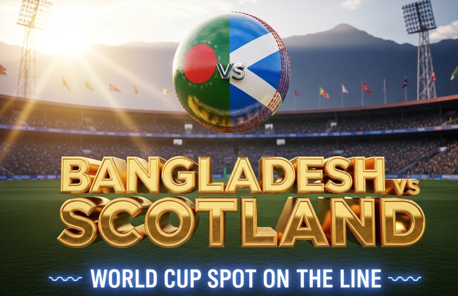 A viral, hyper-realistic YouTube thumbnail with a intense cricket stadium atmosphere. The background is a packed Tribhuvan University Ground at sunrise with Nepal mountains in the distance and dramatic golden light rays cutting through morning mist. The composition uses a dramatic low angle to focus on the main subject: a gleaming cricket ball suspended mid-air with Bangladesh and Scotland flag colors splitting it perfectly down the middle. The image features massive 3D typography with strict hierarchy: The Primary Text reads exactly: 'BANGLADESH vs SCOTLAND'. This text is massive, the largest element in the frame, rendered in molten gold chrome with glowing edges to look like a high-budget 3D render. The Secondary Text reads exactly: 'WORLD CUP SPOT ON THE LINE'. This text is significantly smaller, positioned below the main text with electric blue neon outline and subtle vibration effect. The text materials correspond to the story's concept. Crucial Instruction: There is absolutely NO other text, numbers, watermarks, or subtitles in this image other than these two specific lines. 8k, Unreal Engine 5, cinematic render.