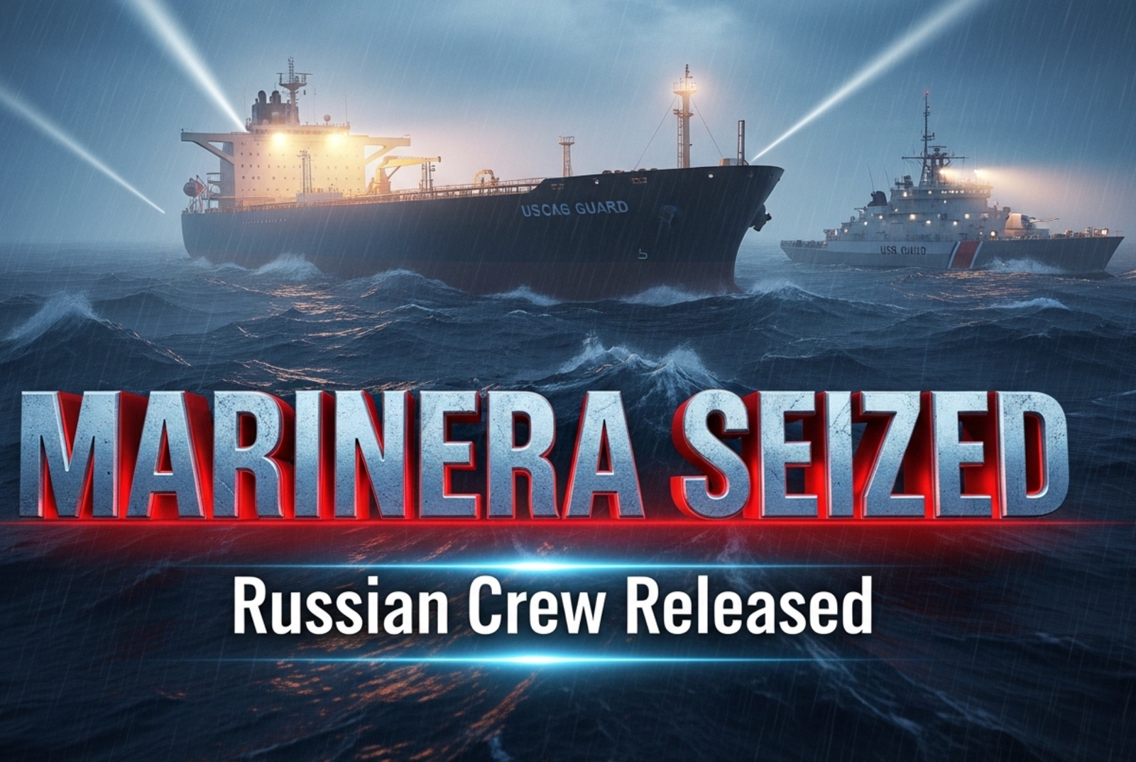 A viral, hyper-realistic YouTube thumbnail with a tense maritime enforcement atmosphere. The background is a stormy North Atlantic night with massive dark waves and dramatic searchlights cutting through fog and rain. The composition uses a low-angle cinematic shot to focus on the main subject: a massive seized oil tanker anchored in Scottish waters, its hull dramatically lit by Coast Guard floodlights while a USCG cutter looms nearby. The image features massive 3D typography with strict hierarchy: The Primary Text reads exactly: 'MARINERA SEIZED'. This text is massive, the largest element in the frame, rendered in cold forged steel with glowing red edges to look like a high-budget 3D render. The Secondary Text reads exactly: 'Russian Crew Released'. This text is significantly smaller, positioned below the main text with a thick white outline and subtle motion blur effect. Make sure text 2 has completely different style and metallic blue glow. Crucial Instruction: There is absolutely NO other text, numbers, watermarks, or subtitles in this image other than these two specific lines. 8k, Unreal Engine 5, cinematic render.