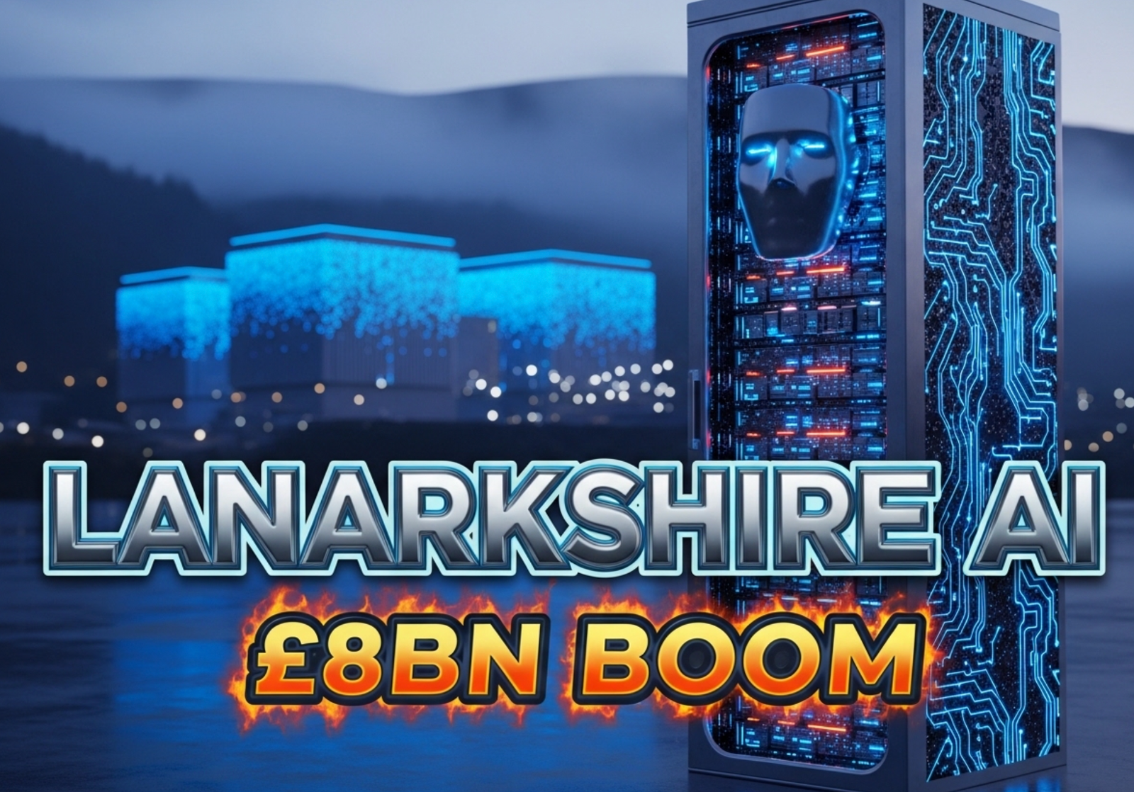 A viral, hyper-realistic YouTube thumbnail with a sleek cyber-tech atmosphere. The background is a dramatic Scottish skyline at dusk with massive modern data centre buildings glowing electric blue, misty hills behind. The composition uses a low-angle cinematic shot to focus on the main subject: a towering faceless server rack structure made of gleaming chrome and pulsing neon circuits. The image features massive 3D typography with strict hierarchy: The Primary Text reads exactly: 'LANARKSHIRE AI'. This text is massive, the largest element in the frame, rendered in liquid mercury chrome with electric blue edge glow to look like a high-budget 3D render. The Secondary Text reads exactly: '£8BN BOOM'. This text is significantly smaller, positioned below the main text. It features a thick, fiery orange border/outline (sticker style) to contrast against the background. Make sure text 2 is always different theme, style, effect and border compared to text 1. The text materials correspond to the story's concept. Crucial Instruction: There is absolutely NO other text, numbers, watermarks, or subtitles in this image other than these two specific lines. 8k, Unreal Engine 5, cinematic render.