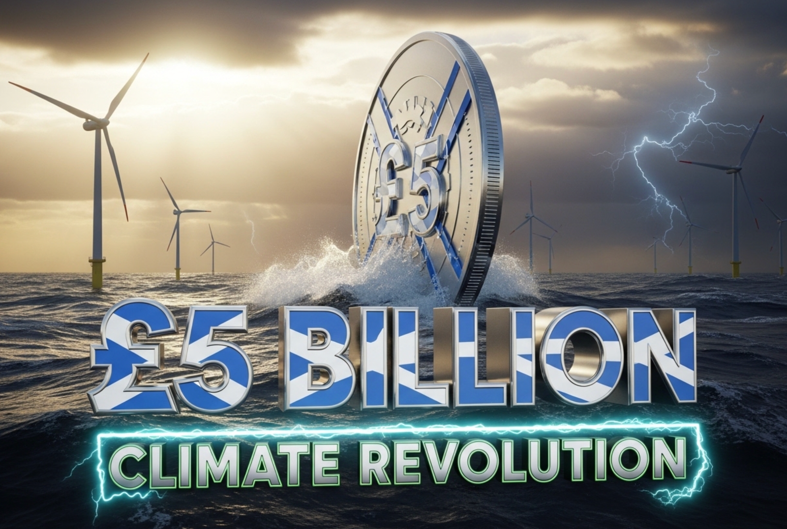 A viral, hyper-realistic YouTube thumbnail with a powerful Scottish renewable energy atmosphere. The background is a stormy North Sea at golden hour with massive offshore wind turbines rising from the waves, dramatic clouds and rays of sunlight breaking through. The composition uses a dramatic low-angle shot to focus on the main subject: a towering chrome-plated £5 billion coin emerging from the sea like a futuristic monument. The image features massive 3D typography with strict hierarchy: The Primary Text reads exactly: '£5 BILLION'. This text is massive, the largest element in the frame, rendered in gleaming chrome with Scottish saltire blue glow to look like a high-budget 3D render. The Secondary Text reads exactly: 'CLIMATE REVOLUTION'. This text is significantly smaller, positioned below the main text. It features a thick electric-green border and lightning bolt effect to contrast against the background. Make sure text 2 is always different theme, style, effect and border compared to text 1. The text materials correspond to the story's concept. Crucial Instruction: There is absolutely NO other text, numbers, watermarks, or subtitles in this image other than these two specific lines. 8k, Unreal Engine 5, cinematic render.
