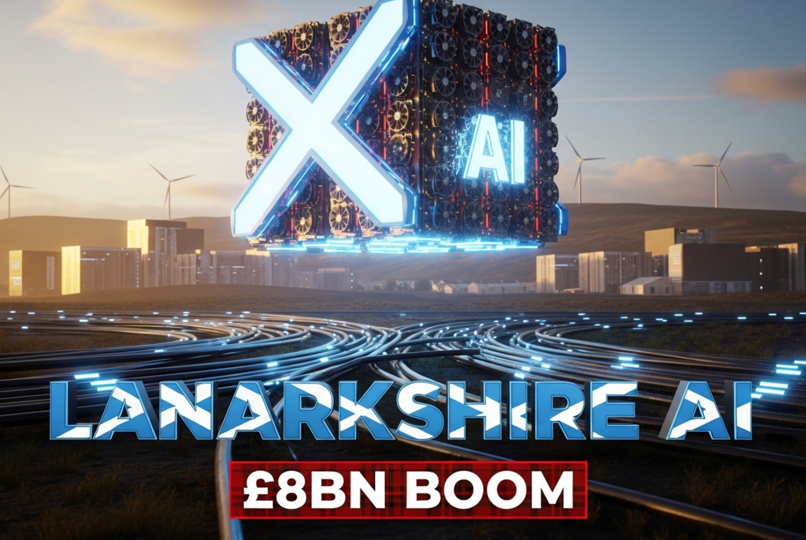 A viral, hyper-realistic YouTube thumbnail with a futuristic Scottish tech atmosphere. The background is a dramatic Scottish landscape at golden hour with massive modern datacentre buildings rising from former industrial land, wind turbines spinning on the hills and thick bundles of fibre optic cables glowing electric blue. The composition uses a powerful low-angle shot to focus on the main subject: a gigantic glowing Nvidia Blackwell GPU cluster floating above the ground like a futuristic monument. The image features massive 3D typography with strict hierarchy: The Primary Text reads exactly: 'LANARKSHIRE AI'. This text is massive, the largest element in the frame, rendered in liquid chrome with Scottish saltire blue glow to look like a high-budget 3D render. The Secondary Text reads exactly: '£8BN BOOM'. This text is significantly smaller, positioned below the main text with thick tartan-pattern red outline border to contrast against the background. 8k, Unreal Engine 5, cinematic render.