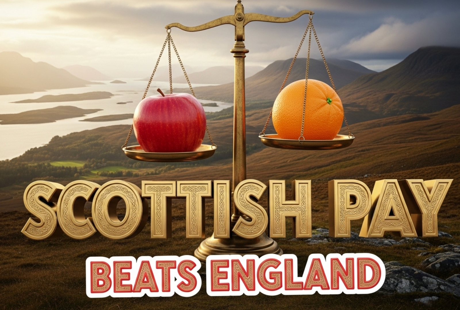 A viral, hyper-realistic YouTube thumbnail with a dramatic educational atmosphere. The background is a vast Scottish Highland valley at golden hour with distant islands and sea loch, mist rolling off mountains under a brooding sky. The composition uses a low-angle cinematic shot to focus on the main subject: a giant red apple and a large orange balanced on opposite sides of an old-fashioned brass scale that's clearly tipping toward the apple. The image features massive 3D typography with strict hierarchy: The Primary Text reads exactly: 'SCOTTISH PAY'. This text is massive, the largest element in the frame, rendered in polished gold chrome with deep Celtic engraving to look like a high-budget 3D render. The Secondary Text reads exactly: 'BEATS ENGLAND'. This text is significantly smaller, positioned below the main text with a thick white glow border and red outline sticker style to contrast against the dramatic sky. The text materials correspond to the story's concept. Crucial Instruction: There is absolutely NO other text, numbers, watermarks, or subtitles in this image other than these two specific lines. 8k, Unreal Engine 5, cinematic render