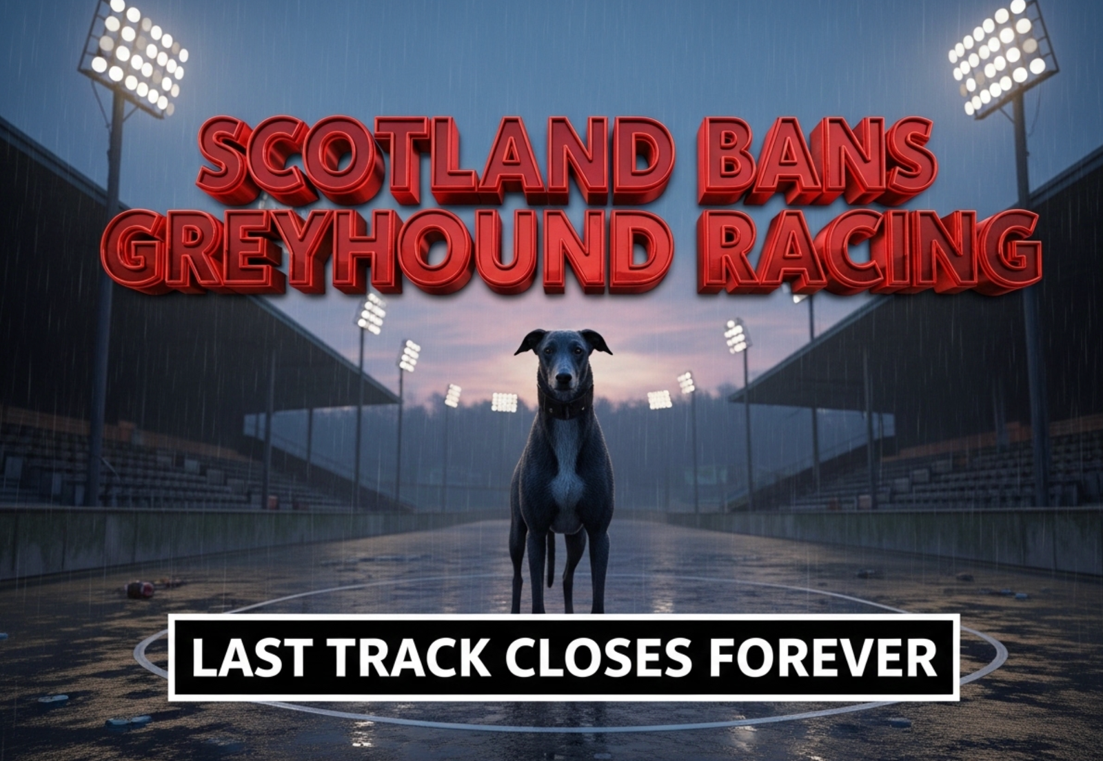 A viral, hyper-realistic YouTube thumbnail with a dramatic animal-welfare atmosphere. The background is a dark, rain-slicked abandoned greyhound track at twilight with broken floodlights and empty betting stands. The composition uses a low-angle cinematic shot to focus on the main subject: a majestic greyhound standing alone in the centre circle looking directly at camera, wet fur glistening under the last rays of sunset. The image features massive 3D typography with strict hierarchy: The Primary Text reads exactly: 'SCOTLAND BANS GREYHOUND RACING'. This text is massive, the largest element in the frame, rendered in blood-red chrome with deep glowing edges to look like a high-budget 3D render. The Secondary Text reads exactly: 'LAST TRACK CLOSES FOREVER'. This text is significantly smaller, positioned below the main text with a thick white outline and black sticker-style border to contrast against the dark background. Make sure text 2 is always different theme, style, effect and border compared to text 1. The text materials correspond to the story's concept. Crucial Instruction: There is absolutely NO other text, numbers, watermarks, or subtitles in this image other than these two specific lines. 8k, Unreal Engine 5, cinematic render.