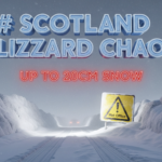 A viral, hyper-realistic YouTube thumbnail with a dramatic winter storm atmosphere. The background is a windswept Scottish Highland road completely buried under fresh blizzard snow at night with total white-out conditions and swirling snowflakes catching vehicle headlights. The composition uses a low-angle dramatic shot looking up the empty A9 as snowdrifts tower on both sides. The main subject is a large illuminated yellow Met Office weather warning sign half-buried in snow. The image features massive 3D typography with strict hierarchy: The Primary Text reads exactly: 'SCOTLAND BLIZZARD CHAOS'. This text is massive, the largest element in the frame, rendered in icy blue chrome with frozen frost edges to look like a high-budget 3D render. The Secondary Text reads exactly: 'UP TO 20CM SNOW'. This text is significantly smaller, positioned below the main text with a bold red glowing outline and pulsing emergency effect. The text materials correspond to the story's concept. Crucial Instruction: There is absolutely NO other text, numbers, watermarks, or subtitles in this image other than these two specific lines. 8k, Unreal Engine 5, cinematic render