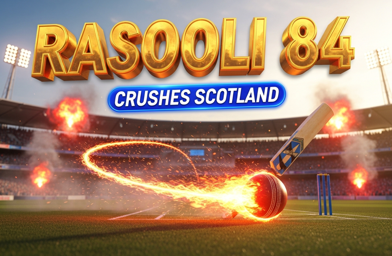 A viral, hyper-realistic YouTube thumbnail with a kinetic sports atmosphere. The background is a packed Indian cricket stadium at golden hour with explosive crowd flares and dust particles in the air. The composition uses a dramatic low angle to focus on the main subject: a powerful cricket bat mid-swing smashing a flaming red cricket ball that leaves a blazing trail of fire and sparks. The image features massive 3D typography with strict hierarchy: The Primary Text reads exactly: 'RASOOLI 84'. This text is massive, the largest element in the frame, rendered in molten gold chrome with glowing edges to look like a high-budget 3D render. The Secondary Text reads exactly: 'CRUSHES SCOTLAND'. This text is significantly smaller, positioned below the main text. It features a thick, electric blue border/outline (sticker style) to contrast against the background. Make sure text 2 is always different theme, style, effect and border compared to text 1. The text materials correspond to the story's concept. Crucial Instruction: There is absolutely NO other text, numbers, watermarks, or subtitles in this image other than these two specific lines. 8k, Unreal Engine 5, cinematic rende