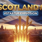 A viral, hyper-realistic YouTube thumbnail with a bold Scottish entrepreneurial atmosphere. The background is a dramatic Edinburgh skyline at golden hour mixed with Glasgow's glowing cranes and wind turbines, with rich blues and burning oranges. The composition uses a low-angle heroic shot to focus on the main subject: a massive gleaming Saltire flag morphing into upward-trending gold financial arrows. The image features massive 3D typography with strict hierarchy: The Primary Text reads exactly: 'SCOTLAND #1'. This text is massive, the largest element in the frame, rendered in liquid gold chrome to look like a high-budget 3D render. The Secondary Text reads exactly: 'STARTUP EXPLOSION'. This text is significantly smaller, positioned below the main text. It features a thick electric-blue glowing border to contrast against the background. Make sure text 2 is always different theme, style, effect and border compared to text 1. The text materials correspond to the story's concept. Crucial Instruction: There is absolutely NO other text, numbers, watermarks, or subtitles in this image other than these two specific lines. 8k, Unreal Engine 5, cinematic render.
