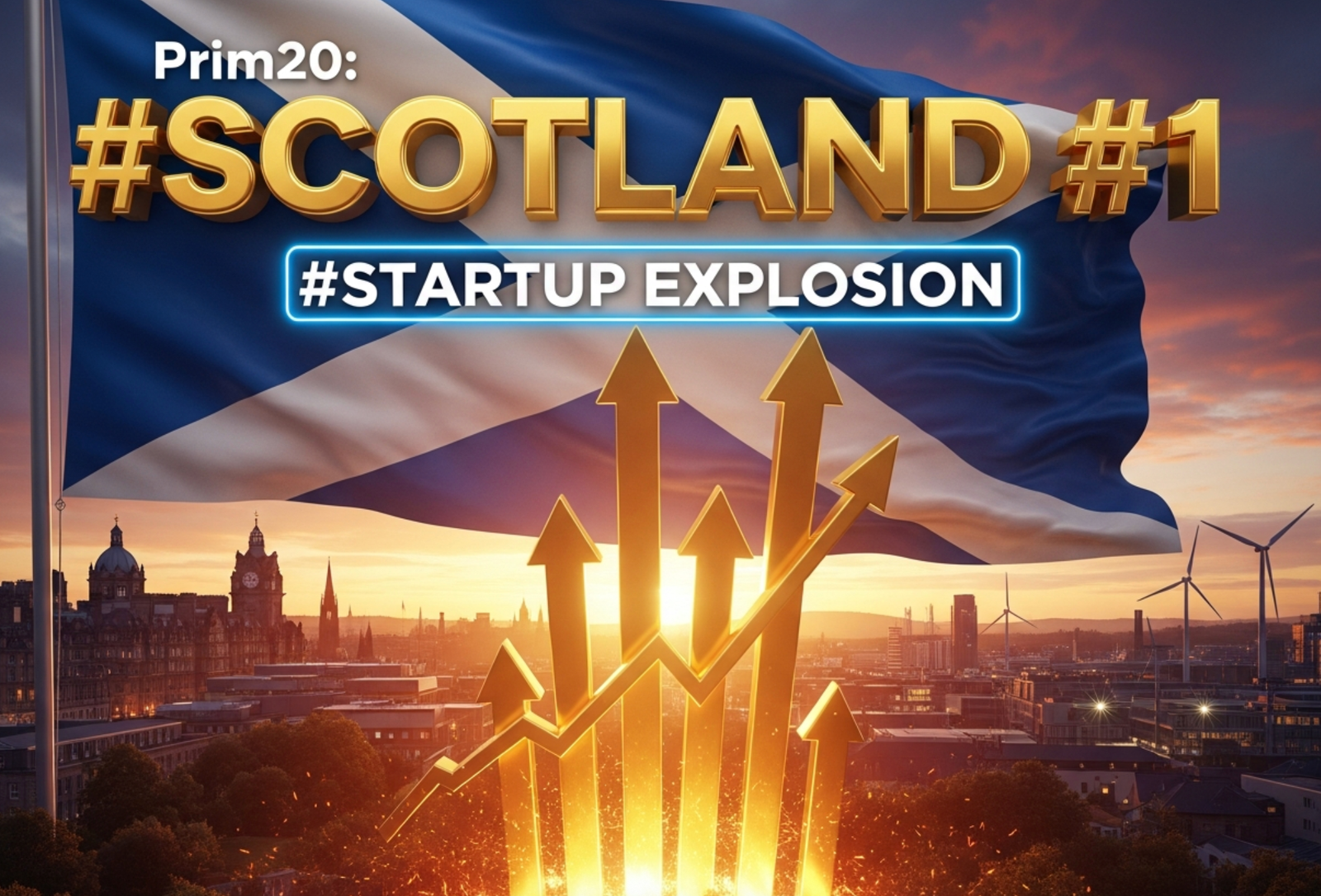 A viral, hyper-realistic YouTube thumbnail with a bold Scottish entrepreneurial atmosphere. The background is a dramatic Edinburgh skyline at golden hour mixed with Glasgow's glowing cranes and wind turbines, with rich blues and burning oranges. The composition uses a low-angle heroic shot to focus on the main subject: a massive gleaming Saltire flag morphing into upward-trending gold financial arrows. The image features massive 3D typography with strict hierarchy: The Primary Text reads exactly: 'SCOTLAND #1'. This text is massive, the largest element in the frame, rendered in liquid gold chrome to look like a high-budget 3D render. The Secondary Text reads exactly: 'STARTUP EXPLOSION'. This text is significantly smaller, positioned below the main text. It features a thick electric-blue glowing border to contrast against the background. Make sure text 2 is always different theme, style, effect and border compared to text 1. The text materials correspond to the story's concept. Crucial Instruction: There is absolutely NO other text, numbers, watermarks, or subtitles in this image other than these two specific lines. 8k, Unreal Engine 5, cinematic render.