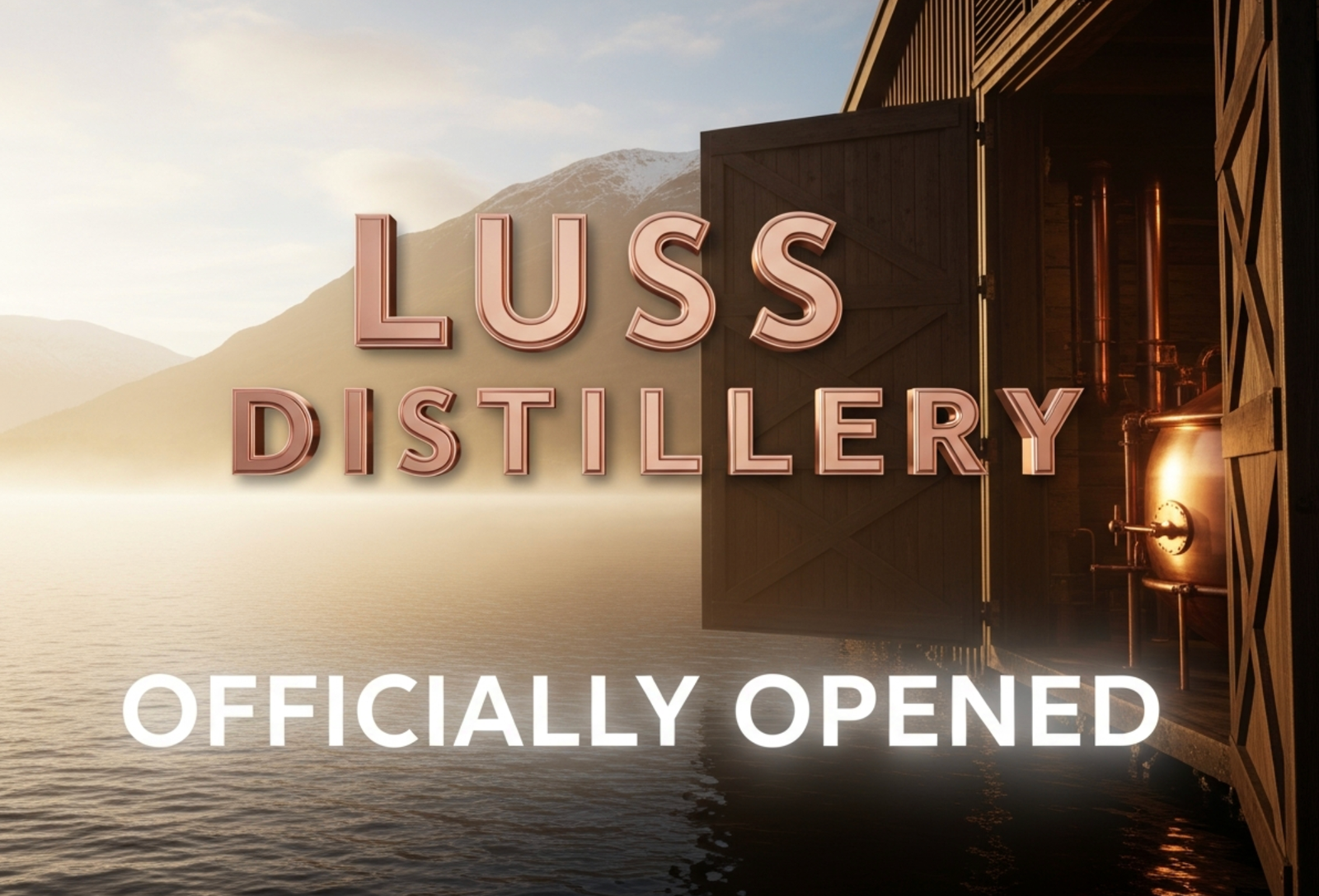 A viral, hyper-realistic YouTube thumbnail with a luxurious Scottish whisky atmosphere. The background is a dramatic misty Loch Lomond at golden hour with gentle water ripples and snow-capped mountains. The composition uses a low cinematic angle to focus on the main subject: a gleaming copper pot still emerging from open wooden doors with warm interior light spilling out. The image features massive 3D typography with strict hierarchy: The Primary Text reads exactly: 'LUSS DISTILLERY'. This text is massive, the largest element in the frame, rendered in polished rose-gold metal with subtle high-budget 3D render reflections. The Secondary Text reads exactly: 'OFFICIALLY OPENED'. This text is significantly smaller, positioned below the main text with a thick white glow border and slight motion blur effect to contrast against the background. Make sure text 2 is always different theme, style, effect and border compared to text 1. The text materials correspond to the story's concept. Crucial Instruction: There is absolutely NO other text, numbers, watermarks, or subtitles in this image other than these two specific lines. 8k, Unreal Engine 5, cinematic render