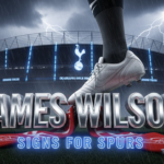 A viral, hyper-realistic YouTube thumbnail with a dramatic football transfer night atmosphere. The background is a stormy Tottenham Hotspur Stadium at night with flashing deadline day ticker lights and rain streaks. The composition uses a low-angle cinematic shot to focus on the main subject: a gleaming white football boot crushing a broken red Hearts scarf underfoot. The image features massive 3D typography with strict hierarchy: The Primary Text reads exactly: 'JAMES WILSON'. This text is massive, the largest element in the frame, rendered in molten chrome silver with glowing white edges like a premium 3D render. The Secondary Text reads exactly: 'SIGNS FOR SPURS'. This text is significantly smaller, positioned below the main text with a thick electric blue outline and subtle vibration effect to contrast against the dark background. The text materials correspond to the story's concept. Crucial Instruction: There is absolutely NO other text, numbers, watermarks, or subtitles in this image other than these two specific lines. 8k, Unreal Engine 5, cinematic render.