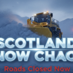 A viral, hyper-realistic YouTube thumbnail with a dramatic winter blizzard atmosphere. The background is a snow-swept Scottish Highland mountain road at dawn with heavy falling snow and closed red snow gates in the distance under moody blue-purple lighting. The composition uses a low-angle cinematic shot to focus on the main subject: a massive bright yellow snow plough pushing through deep drifts with snow spraying dramatically into the air. The image features massive 3D typography with strict hierarchy: The Primary Text reads exactly: 'SCOTLAND SNOW CHAOS'. This text is massive, the largest element in the frame, rendered in glowing ice-blue chrome with frost particles to look like a high-budget 3D render. The Secondary Text reads exactly: 'Roads Closed Now'. This text is significantly smaller, positioned below the main text with a bold red outline and pulsing warning-light effect. The text materials correspond to the story's concept. Crucial Instruction: There is absolutely NO other text, numbers, watermarks, or subtitles in this image other than these two specific lines. 8k, Unreal Engine 5, cinematic render