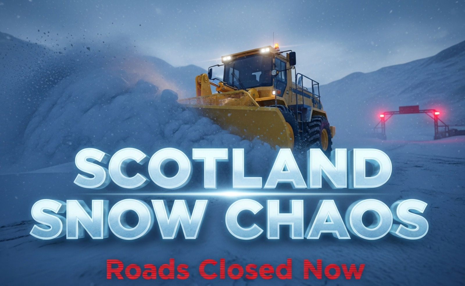 A viral, hyper-realistic YouTube thumbnail with a dramatic winter blizzard atmosphere. The background is a snow-swept Scottish Highland mountain road at dawn with heavy falling snow and closed red snow gates in the distance under moody blue-purple lighting. The composition uses a low-angle cinematic shot to focus on the main subject: a massive bright yellow snow plough pushing through deep drifts with snow spraying dramatically into the air. The image features massive 3D typography with strict hierarchy: The Primary Text reads exactly: 'SCOTLAND SNOW CHAOS'. This text is massive, the largest element in the frame, rendered in glowing ice-blue chrome with frost particles to look like a high-budget 3D render. The Secondary Text reads exactly: 'Roads Closed Now'. This text is significantly smaller, positioned below the main text with a bold red outline and pulsing warning-light effect. The text materials correspond to the story's concept. Crucial Instruction: There is absolutely NO other text, numbers, watermarks, or subtitles in this image other than these two specific lines. 8k, Unreal Engine 5, cinematic render