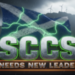 A viral, hyper-realistic YouTube thumbnail with a dramatic Scottish environmental atmosphere. The background is a stormy North Sea sky over rugged Highland mountains with wind turbines battling fierce winds and rain. The composition uses a low-angle cinematic shot to focus on the main subject: a massive, weathered Scottish saltire flag made of interconnected metal chains glowing with emerald-green energy veins. The image features massive 3D typography with strict hierarchy: The Primary Text reads exactly: 'SCCS'. This text is massive, the largest element in the frame, rendered in molten chrome with electric green edges to look like a high-budget 3D render. The Secondary Text reads exactly: 'NEEDS NEW LEADER'. This text is significantly smaller, positioned below the main text. It features a thick, burning orange border/outline to contrast against the background. Make sure text 2 is always different theme, style, effect and border compared to text 1. The text materials correspond to the story's concept. Crucial Instruction: There is absolutely NO other text, numbers, watermarks, or subtitles in this image other than these two specific lines. 8k, Unreal Engine 5, cinematic render