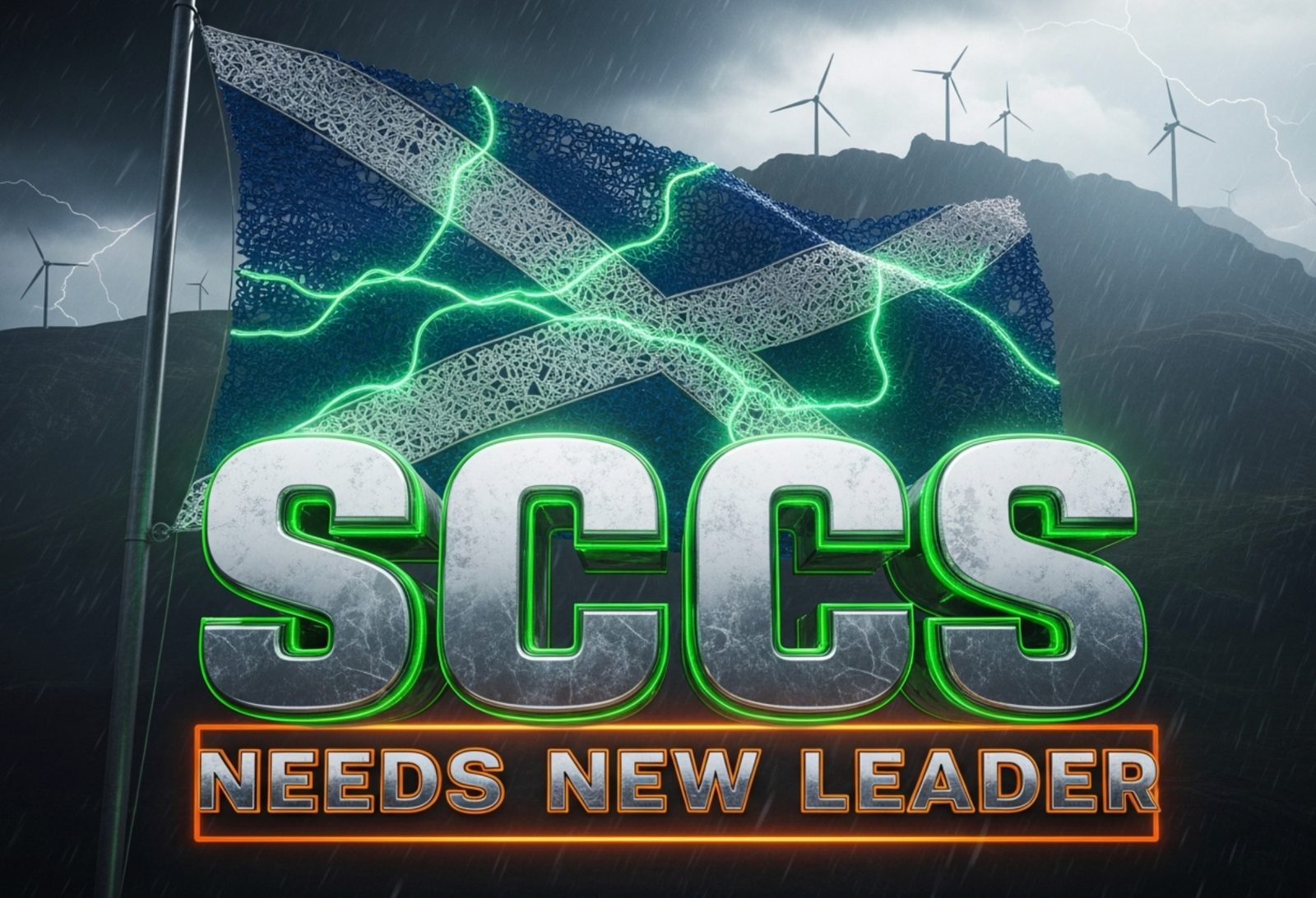 A viral, hyper-realistic YouTube thumbnail with a dramatic Scottish environmental atmosphere. The background is a stormy North Sea sky over rugged Highland mountains with wind turbines battling fierce winds and rain. The composition uses a low-angle cinematic shot to focus on the main subject: a massive, weathered Scottish saltire flag made of interconnected metal chains glowing with emerald-green energy veins. The image features massive 3D typography with strict hierarchy: The Primary Text reads exactly: 'SCCS'. This text is massive, the largest element in the frame, rendered in molten chrome with electric green edges to look like a high-budget 3D render. The Secondary Text reads exactly: 'NEEDS NEW LEADER'. This text is significantly smaller, positioned below the main text. It features a thick, burning orange border/outline to contrast against the background. Make sure text 2 is always different theme, style, effect and border compared to text 1. The text materials correspond to the story's concept. Crucial Instruction: There is absolutely NO other text, numbers, watermarks, or subtitles in this image other than these two specific lines. 8k, Unreal Engine 5, cinematic render