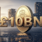 A viral, hyper-realistic YouTube thumbnail with a bold, hopeful British finance atmosphere. The background is a rain-swept UK city skyline at dawn with new social housing towers rising and warm lights glowing in windows, soft golden sunrise cutting through mist. The composition uses a dramatic low-angle shot to focus on the main subject: a massive, gleaming chrome £10 billion coin standing upright like a monument. The image features massive 3D typography with strict hierarchy: The Primary Text reads exactly: '£10BN'. This text is massive, the largest element in the frame, rendered in liquid gold chrome to look like a high-budget 3D render. The Secondary Text reads exactly: 'FOR SOCIAL HOUSING'. This text is significantly smaller, positioned below the main text. It features a thick, electric blue glowing border/outline (sticker style) to contrast against the background. Make sure text 2 is always different theme, style, effect and border compared to text 1. The text materials correspond to the story's concept. Crucial Instruction: There is absolutely NO other text, numbers, watermarks, or subtitles in this image other than these two specific lines. 8k, Unreal Engine 5, cinematic render
