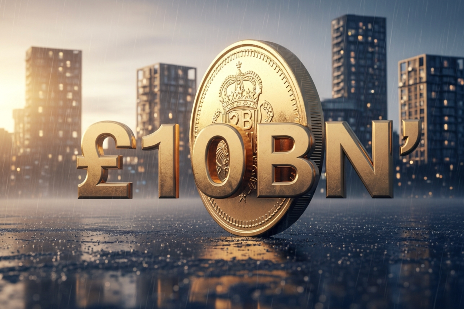 A viral, hyper-realistic YouTube thumbnail with a bold, hopeful British finance atmosphere. The background is a rain-swept UK city skyline at dawn with new social housing towers rising and warm lights glowing in windows, soft golden sunrise cutting through mist. The composition uses a dramatic low-angle shot to focus on the main subject: a massive, gleaming chrome £10 billion coin standing upright like a monument. The image features massive 3D typography with strict hierarchy: The Primary Text reads exactly: '£10BN'. This text is massive, the largest element in the frame, rendered in liquid gold chrome to look like a high-budget 3D render. The Secondary Text reads exactly: 'FOR SOCIAL HOUSING'. This text is significantly smaller, positioned below the main text. It features a thick, electric blue glowing border/outline (sticker style) to contrast against the background. Make sure text 2 is always different theme, style, effect and border compared to text 1. The text materials correspond to the story's concept. Crucial Instruction: There is absolutely NO other text, numbers, watermarks, or subtitles in this image other than these two specific lines. 8k, Unreal Engine 5, cinematic render