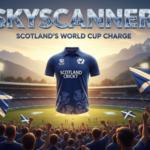 A viral, hyper-realistic YouTube thumbnail with a triumphant Scottish sports atmosphere. The background is a dramatic Dharamsala stadium at golden hour with Himalayan mountains behind and a roaring crowd waving Saltire flags. The composition uses a low heroic camera angle to focus on the main subject: a gleaming navy-blue Scotland T20 cricket shirt dramatically floating or held aloft. The image features massive 3D typography with strict hierarchy: The Primary Text reads exactly: 'SKYSCANNER'. This text is massive, the largest element in the frame, rendered in premium chrome with subtle Scottish thistle patterns engraved to look like a high-budget 3D render. The Secondary Text reads exactly: 'SCOTLAND'S WORLD CUP CHARGE'. This text is significantly smaller, positioned below the main text with a bold electric blue glowing outline and slight motion blur effect. The text materials correspond to the story's concept. Crucial Instruction: There is absolutely NO other text, numbers, watermarks, or subtitles in this image other than these two specific lines. 8k, Unreal Engine 5, cinematic render.
