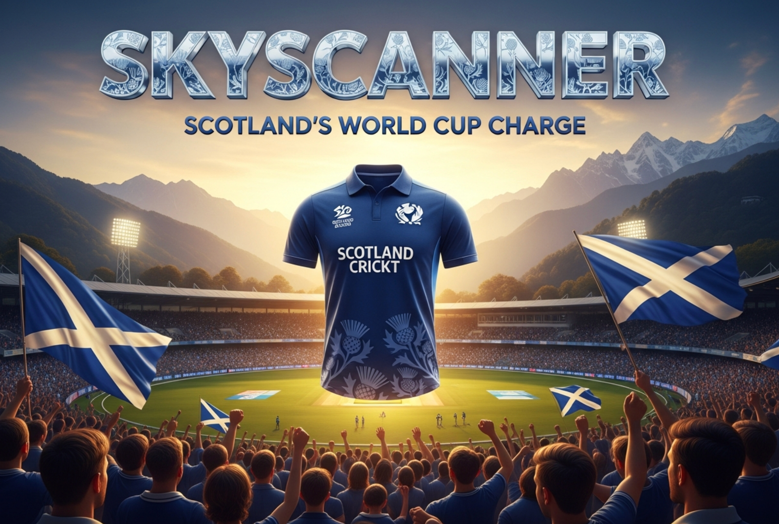 A viral, hyper-realistic YouTube thumbnail with a triumphant Scottish sports atmosphere. The background is a dramatic Dharamsala stadium at golden hour with Himalayan mountains behind and a roaring crowd waving Saltire flags. The composition uses a low heroic camera angle to focus on the main subject: a gleaming navy-blue Scotland T20 cricket shirt dramatically floating or held aloft. The image features massive 3D typography with strict hierarchy: The Primary Text reads exactly: 'SKYSCANNER'. This text is massive, the largest element in the frame, rendered in premium chrome with subtle Scottish thistle patterns engraved to look like a high-budget 3D render. The Secondary Text reads exactly: 'SCOTLAND'S WORLD CUP CHARGE'. This text is significantly smaller, positioned below the main text with a bold electric blue glowing outline and slight motion blur effect. The text materials correspond to the story's concept. Crucial Instruction: There is absolutely NO other text, numbers, watermarks, or subtitles in this image other than these two specific lines. 8k, Unreal Engine 5, cinematic render.