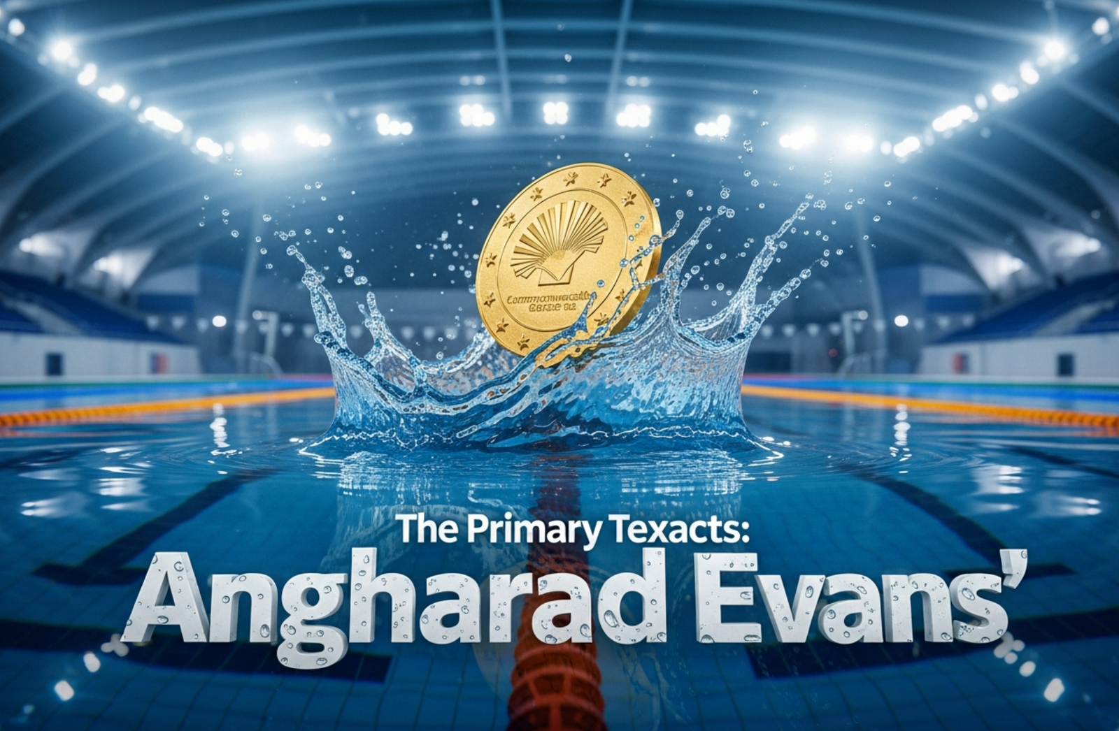 A viral, hyper-realistic YouTube thumbnail with a dramatic aquatic atmosphere. The background is the iconic Tollcross International Swimming Centre pool in Glasgow under bright competition lighting with rippling Scottish blue water and subtle Saltire reflections. The composition uses a powerful low-angle shot to focus on the main subject: a gleaming gold Commonwealth Games medal floating just above the water surface with massive splash effects. The image features massive 3D typography with strict hierarchy: The Primary Text reads exactly: 'Angharad Evans'. This text is massive, the largest element in the frame, rendered in liquid chrome with water droplet effects to look like a high-budget 3D render. The Secondary Text reads exactly: 'Glasgow 2026 Bound'. This text is significantly smaller, positioned below the main text with a bold white outline and electric blue glow border to contrast against the background. Make sure text 2 is always different theme, style, effect and border compared to text 1. The text materials correspond to the story's concept. Crucial Instruction: There is absolutely NO other text, numbers, watermarks, or subtitles in this image other than these two specific lines. 8k, Unreal Engine 5, cinematic render