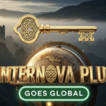 A viral, hyper-realistic YouTube thumbnail with a luxurious Scottish Highlands atmosphere. The background is misty emerald hills of Gleneagles estate at golden hour with dramatic Scottish sky and ancient stone architecture. The composition uses a low dramatic angle to focus on the main subject: a massive, gleaming golden key floating above an ornate antique globe. The image features massive 3D typography with strict hierarchy: The Primary Text reads exactly: 'INTERNOVA PLUS'. This text is massive, the largest element in the frame, rendered in polished gold chrome with Celtic knot details to look like a high-budget 3D render. The Secondary Text reads exactly: 'GOES GLOBAL'. This text is significantly smaller, positioned below the main text with thick emerald green border and subtle glow effect. Make sure text 2 is completely different style with bold sticker outline. The text materials correspond to luxury travel prestige. Crucial Instruction: There is absolutely NO other text, numbers, watermarks, or subtitles in this image other than these two specific lines. 8k, Unreal Engine 5, cinematic render.