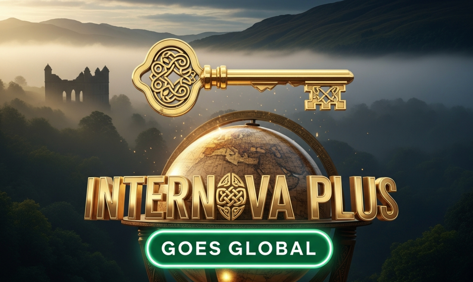 A viral, hyper-realistic YouTube thumbnail with a luxurious Scottish Highlands atmosphere. The background is misty emerald hills of Gleneagles estate at golden hour with dramatic Scottish sky and ancient stone architecture. The composition uses a low dramatic angle to focus on the main subject: a massive, gleaming golden key floating above an ornate antique globe. The image features massive 3D typography with strict hierarchy: The Primary Text reads exactly: 'INTERNOVA PLUS'. This text is massive, the largest element in the frame, rendered in polished gold chrome with Celtic knot details to look like a high-budget 3D render. The Secondary Text reads exactly: 'GOES GLOBAL'. This text is significantly smaller, positioned below the main text with thick emerald green border and subtle glow effect. Make sure text 2 is completely different style with bold sticker outline. The text materials correspond to luxury travel prestige. Crucial Instruction: There is absolutely NO other text, numbers, watermarks, or subtitles in this image other than these two specific lines. 8k, Unreal Engine 5, cinematic render.