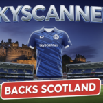 A viral, hyper-realistic YouTube thumbnail with a bold Scottish sports atmosphere. The background is a dramatic night-time view of the Colombo stadium floodlights mixed with Edinburgh Castle silhouette, deep blue and purple lighting with golden highlights. The composition uses a low heroic angle to focus on the main subject: a pristine Scotland T20 cricket shirt floating powerfully in mid-air with the Skyscanner logo glowing proudly on the chest. The image features massive 3D typography with strict hierarchy: The Primary Text reads exactly: 'SKYSCANNER'. This text is massive, the largest element in the frame, rendered in premium chrome with electric blue glow edges to look like a high-budget 3D render. The Secondary Text reads exactly: 'BACKS SCOTLAND'. This text is significantly smaller, positioned below the main text with thick white outline and red sticker-style border to contrast against the background. Make sure text 2 is always different theme, style, effect and border compared to text 1. The text materials correspond to the story's concept. Crucial Instruction: There is absolutely NO other text, numbers, watermarks, or subtitles in this image other than these two specific lines. 8k, Unreal Engine 5, cinematic render.