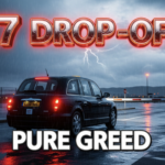 A viral, hyper-realistic YouTube thumbnail with a tense, stormy travel atmosphere. The background is a rain-slicked airport forecourt at Glasgow Airport with angry red lighting and dark clouds overhead. The composition uses a dramatic low angle to focus on the main subject: a gleaming black private-hire taxi stopped at the barrier with its brake lights glowing. The image features massive 3D typography with strict hierarchy: The Primary Text reads exactly: '£7 DROP-OFF'. This text is massive, the largest element in the frame, rendered in molten chrome with red glowing edges to look like a high-budget 3D render. The Secondary Text reads exactly: 'PURE GREED'. This text is significantly smaller, positioned below the main text. It features a thick white border with black outline sticker style to contrast against the background. Make sure text 2 is always different theme, style, effect and border compared to text 1. The text materials correspond to the story's concept. Crucial Instruction: There is absolutely NO other text, numbers, watermarks, or subtitles in this image other than these two specific lines. 8k, Unreal Engine 5, cinematic render
