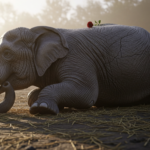 A viral, hyper-realistic YouTube thumbnail with a somber wildlife sanctuary atmosphere. The background is a misty Scottish morning at Blair Drummond Safari Park with soft golden sunrise light filtering through trees and gentle fog over the empty elephant enclosure. The composition uses a low-angle shot to focus on the main subject: a massive, weathered African elephant trunk gently resting on the ground with scattered hay and a single red rose placed on it. The image features massive 3D typography with strict hierarchy: The Primary Text reads exactly: 'MONDY 1971-2026'. This text is massive, the largest element in the frame, rendered in weathered stone with subtle cracks to look like a memorial plaque. The Secondary Text reads exactly: 'Scotland's Last Elephant'. This text is significantly smaller, positioned below the main text with a thin white glow border and soft shadow effect to stand out against the misty background. The text materials correspond to the story's concept. Crucial Instruction: There is absolutely NO other text, numbers, watermarks, or subtitles in this image other than these two specific lines. 8k, Unreal Engine 5, cinematic render.