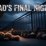 A viral, hyper-realistic YouTube thumbnail with a heavy, sombre atmosphere. The background is a dark Costa del Sol hotel balcony at night with dim orange street lighting and deep blue shadows. The composition uses a dramatic low angle looking up at the sixth-floor railing against a stormy sky. The main subject: a single empty child's teddy bear lying abandoned on the balcony floor, one ear torn, surrounded by scattered holiday luggage. The image features massive 3D typography with strict hierarchy: The Primary Text reads exactly: 'DAD'S FINAL NIGHT'. This text is massive, rendered in cracked white marble with blood-red veins running through it. The Secondary Text reads exactly: 'Hours Before Baby's Anniversary'. This text is smaller, positioned below with a thick black outline and subtle red glow border. The text materials correspond to the story's concept. Crucial Instruction: There is absolutely NO other text, numbers, watermarks, or subtitles in this image other than these two specific lines. 8k, Unreal Engine 5, cinematic render
