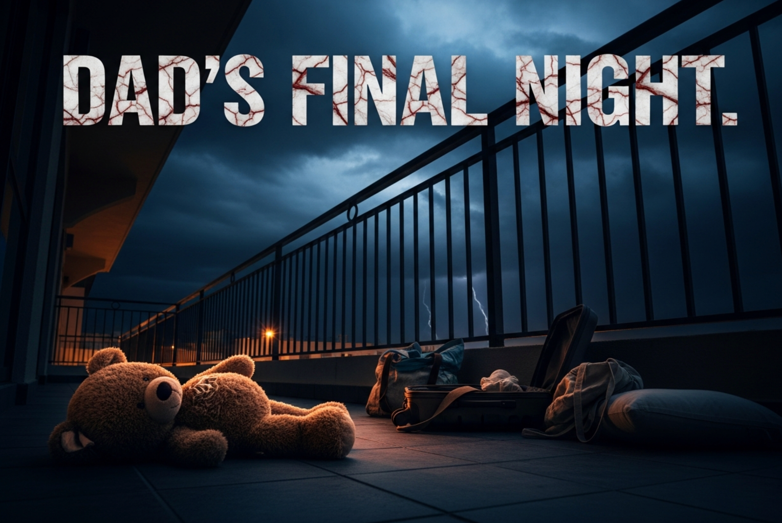 A viral, hyper-realistic YouTube thumbnail with a heavy, sombre atmosphere. The background is a dark Costa del Sol hotel balcony at night with dim orange street lighting and deep blue shadows. The composition uses a dramatic low angle looking up at the sixth-floor railing against a stormy sky. The main subject: a single empty child's teddy bear lying abandoned on the balcony floor, one ear torn, surrounded by scattered holiday luggage. The image features massive 3D typography with strict hierarchy: The Primary Text reads exactly: 'DAD'S FINAL NIGHT'. This text is massive, rendered in cracked white marble with blood-red veins running through it. The Secondary Text reads exactly: 'Hours Before Baby's Anniversary'. This text is smaller, positioned below with a thick black outline and subtle red glow border. The text materials correspond to the story's concept. Crucial Instruction: There is absolutely NO other text, numbers, watermarks, or subtitles in this image other than these two specific lines. 8k, Unreal Engine 5, cinematic render