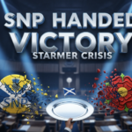 A viral, hyper/realistic YouTube thumbnail with a dramatic Scottish political atmosphere. The background is the darkened Holyrood chamber with deep blue lighting and shafts of Scottish saltire light cutting through gloom. The compositionSNP logo and Labour rose are cracked and falling apart in the foreground. The composition uses a low/dramatic angle to focus on the main subject: a gleaming silver plate being handed forward from Westminster direction toward the SNP thistle. The image features massive 3D typography with strict hierarchy: The Primary Text reads exactly:: 'SNP HANDED VICTORY'. This text is massive, the largest element in the frame, rendered in polished Scottish silver chrome with saltire/blue glow to look like a high/budget 3D render. The Secondary Text reads exactly: 'STARMER CRISIS'. This text is significantly smaller, positioned below the main text with thick red danger/outline border in sticker style to contrast against the dark background. Make sure text 2 has completely different cracked/broken effect compared to text 1. The text materials correspond to the political chaos concept. Crucial Instruction: There is absolutely NO other text, numbers, watermarks, or subtitles in this image other than these two specific lines. 8k, Unreal Engine 5, cinematic render
