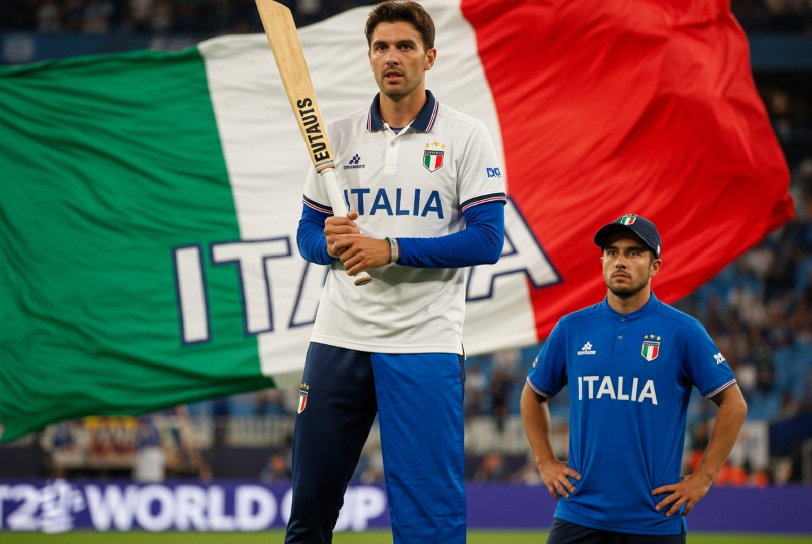 A viral, hyper-realistic YouTube thumbnail with a dramatic sports atmosphere. The background is a packed Eden Gardens stadium at night under floodlights with blue and green Italian smoke flares rising from the stands. The composition uses a low-angle cinematic shot to focus on the main subject: a gleaming cricket bat wrapped in the Italian flag standing upright on the pitch like a sword in the ground. The image features massive 3D typography with strict hierarchy: The Primary Text reads exactly: 'ITALY'. This text is massive, the largest element in the frame, rendered in shining chrome with green-white-red glowing edges to look like a high-budget 3D render. The Secondary Text reads exactly: 'T20 WORLD CUP DEBUT'. This text is significantly smaller, positioned below the main text with a thick electric blue outline and subtle motion blur effect. The text materials correspond to the story's concept. Crucial Instruction: There is absolutely NO other text, numbers, watermarks, or subtitles in this image other than these two specific lines. 8k, Unreal Engine 5, cinematic render.