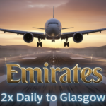 A viral, hyper-realistic YouTube thumbnail with a sleek aviation atmosphere. The background is a dramatic Scottish sky over Glasgow Airport at golden hour with rolling green hills in the distance and subtle rain mist. The composition uses a low-angle cinematic shot to focus on the main subject: a massive Emirates Boeing 777 touching down on the runway with full reverse thrust and glowing engines. The image features massive 3D typography with strict hierarchy: The Primary Text reads exactly: 'Emirates'. This text is massive, the largest element in the frame, rendered in premium chrome with Arabic-gold accents to look like a high-budget 3D render. The Secondary Text reads exactly: '2x Daily to Glasgow'. This text is significantly smaller, positioned below the main text with a thick electric-blue glowing outline to contrast against the sky. Make sure text 2 has completely different style and effect from text 1. There is absolutely NO other text, numbers, watermarks, or subtitles in this image other than these two specific lines. 8k, Unreal Engine 5, cinematic render