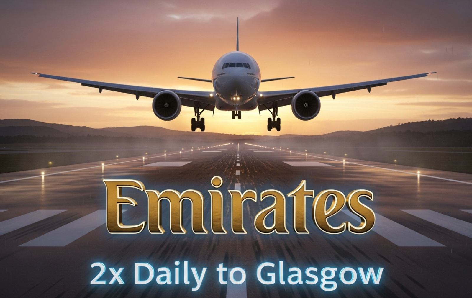 A viral, hyper-realistic YouTube thumbnail with a sleek aviation atmosphere. The background is a dramatic Scottish sky over Glasgow Airport at golden hour with rolling green hills in the distance and subtle rain mist. The composition uses a low-angle cinematic shot to focus on the main subject: a massive Emirates Boeing 777 touching down on the runway with full reverse thrust and glowing engines. The image features massive 3D typography with strict hierarchy: The Primary Text reads exactly: 'Emirates'. This text is massive, the largest element in the frame, rendered in premium chrome with Arabic-gold accents to look like a high-budget 3D render. The Secondary Text reads exactly: '2x Daily to Glasgow'. This text is significantly smaller, positioned below the main text with a thick electric-blue glowing outline to contrast against the sky. Make sure text 2 has completely different style and effect from text 1. There is absolutely NO other text, numbers, watermarks, or subtitles in this image other than these two specific lines. 8k, Unreal Engine 5, cinematic render