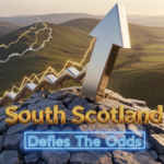 A viral, hyper-realistic YouTube thumbnail with a premium business/gold atmosphere. The background is a sweeping aerial view of rolling Scottish Borders hills at golden hour with subtle economic graph lines rising across the landscape. The composition uses a dramatic low-angle shot to focus on the main subject: a massive, polished chrome upward arrow breaking through rugged stone. The image features massive 3D typography with strict hierarchy: The Primary Text reads exactly: 'South Scotland'. This text is massive, the largest element in the frame, rendered in liquid gold chrome to look like a high-budget 3D render. The Secondary Text reads exactly: 'Defies The Odds'. This text is significantly smaller, positioned below the main text. It features a thick electric-blue glowing outline with subtle particle effects to contrast against the background. The text materials correspond to the story's concept. Crucial Instruction: There is absolutely NO other text, numbers, watermarks, or subtitles in this image other than these two specific lines. 8k, Unreal Engine 5, cinematic render.