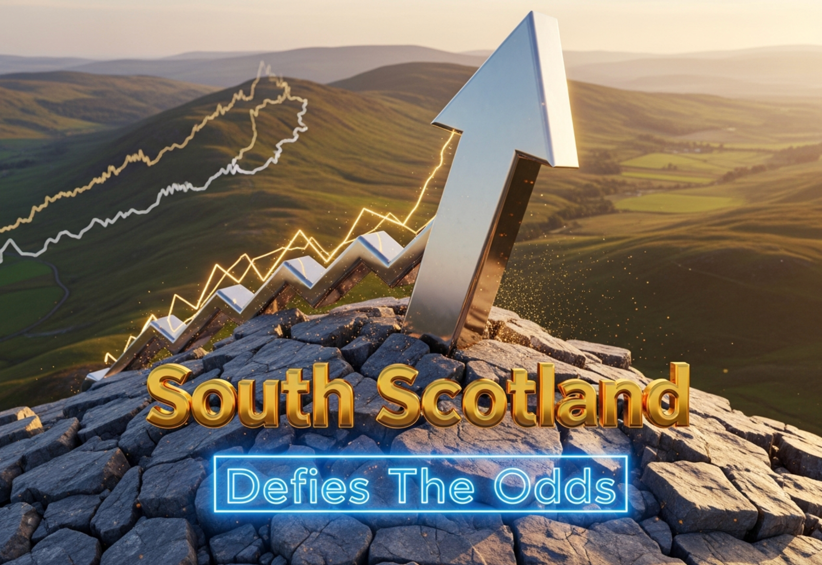 A viral, hyper-realistic YouTube thumbnail with a premium business/gold atmosphere. The background is a sweeping aerial view of rolling Scottish Borders hills at golden hour with subtle economic graph lines rising across the landscape. The composition uses a dramatic low-angle shot to focus on the main subject: a massive, polished chrome upward arrow breaking through rugged stone. The image features massive 3D typography with strict hierarchy: The Primary Text reads exactly: 'South Scotland'. This text is massive, the largest element in the frame, rendered in liquid gold chrome to look like a high-budget 3D render. The Secondary Text reads exactly: 'Defies The Odds'. This text is significantly smaller, positioned below the main text. It features a thick electric-blue glowing outline with subtle particle effects to contrast against the background. The text materials correspond to the story's concept. Crucial Instruction: There is absolutely NO other text, numbers, watermarks, or subtitles in this image other than these two specific lines. 8k, Unreal Engine 5, cinematic render.
