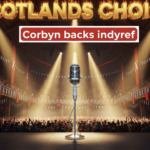 A viral, hyper-realistic YouTube thumbnail with a fiery Scottish political atmosphere. The background is the packed Bonar Hall in Dundee filled with red banners and Saltires under dramatic golden spotlights. The composition uses a powerful low-angle shot to focus on the main subject: a gleaming chrome microphone standing tall on stage like a sword. The image features massive 3D typography with strict hierarchy: The Primary Text reads exactly: 'SCOTLANDS CHOICE'. This text is massive, the largest element in the frame, rendered in molten gold with glowing edges to look like a high-budget 3D render. The Secondary Text reads exactly: 'Corbyn backs indyref'. This text is significantly smaller, positioned below the main text with a thick white outline and red sticker-style border to contrast against the background. The text materials correspond to the story's concept. Crucial Instruction: There is absolutely NO other text, numbers, watermarks, or subtitles in this image other than these two specific lines. 8k, Unreal Engine 5, cinematic render