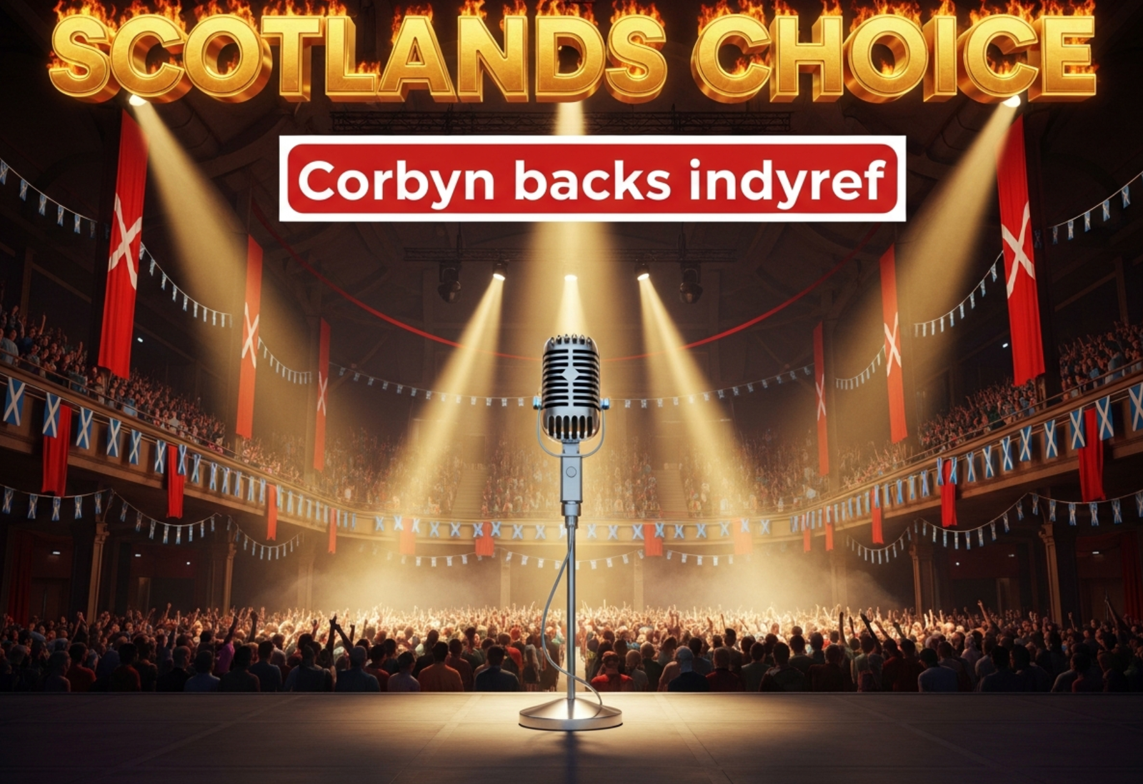A viral, hyper-realistic YouTube thumbnail with a fiery Scottish political atmosphere. The background is the packed Bonar Hall in Dundee filled with red banners and Saltires under dramatic golden spotlights. The composition uses a powerful low-angle shot to focus on the main subject: a gleaming chrome microphone standing tall on stage like a sword. The image features massive 3D typography with strict hierarchy: The Primary Text reads exactly: 'SCOTLANDS CHOICE'. This text is massive, the largest element in the frame, rendered in molten gold with glowing edges to look like a high-budget 3D render. The Secondary Text reads exactly: 'Corbyn backs indyref'. This text is significantly smaller, positioned below the main text with a thick white outline and red sticker-style border to contrast against the background. The text materials correspond to the story's concept. Crucial Instruction: There is absolutely NO other text, numbers, watermarks, or subtitles in this image other than these two specific lines. 8k, Unreal Engine 5, cinematic render
