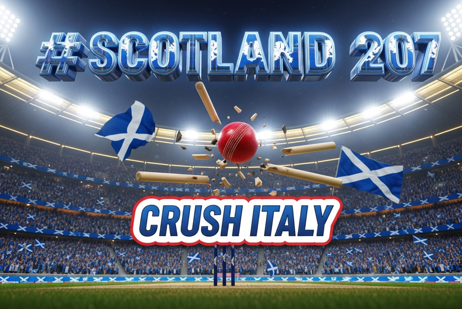 A viral, hyper-realistic YouTube thumbnail with a kinetic stadium atmosphere. The background is a packed Eden Gardens at night with blue and white Scotland flags waving under floodlights and dramatic golden rim lighting. The composition uses a low heroic angle to focus on the main subject: a set of broken cricket stumps flying in the air with a red cricket ball smashing through them. The image features massive 3D typography with strict hierarchy: The Primary Text reads exactly: 'SCOTLAND 207'. This text is massive, the largest element in the frame, rendered in glowing tartan blue chrome with Scottish lion emblem details to look like a high-budget 3D render. The Secondary Text reads exactly: 'CRUSH ITALY'. This text is significantly smaller, positioned below the main text with a thick white sticker-style border and red outline to pop against the dark stadium background. The text materials correspond to the story's concept. Crucial Instruction: There is absolutely NO other text, numbers, watermarks, or subtitles in this image other than these two specific lines. 8k, Unreal Engine 5, cinematic render