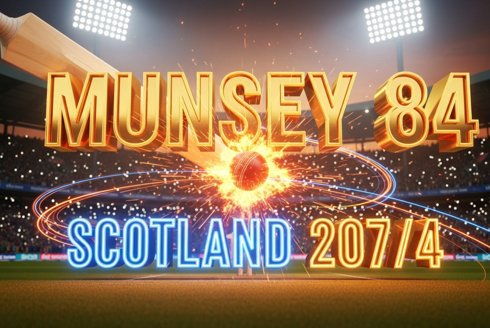 A viral, hyper-realistic YouTube thumbnail with a kinetic stadium atmosphere. The background is a packed Eden Gardens at golden hour with dramatic floodlights cutting through haze and thousands of flashing phone lights. The composition uses a low-angle heroic shot to focus on the main subject: a powerfully struck cricket bat mid-swing with ball exploding into particles of fire and light trails. The image features massive 3D typography with strict hierarchy: The Primary Text reads exactly: 'MUNSEY 84'. This text is massive, the largest element in the frame, rendered in molten gold chrome with glowing edges to look like a high-budget 3D render. The Secondary Text reads exactly: 'SCOTLAND 207/4'. This text is significantly smaller, positioned below the main text. It features a thick electric blue border and pulsing neon outline to contrast against the background. Make sure text 2 is always different theme, style, effect and border compared to text 1. The text materials correspond to the story's concept. Crucial Instruction: There is absolutely NO other text, numbers, watermarks, or subtitles in this image other than these two specific lines. 8k, Unreal Engine 5, cinematic render