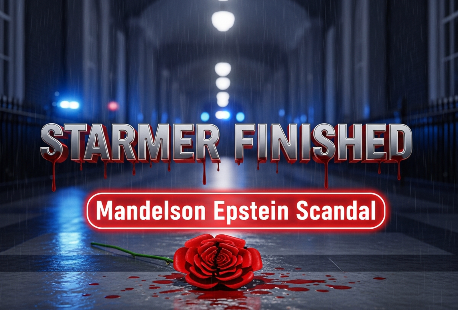 A viral, hyper-realistic YouTube thumbnail with a dark political drama atmosphere. The background is the dimly lit Downing Street corridor at night with heavy rain streaking the windows and flashing police lights outside. The composition uses a dramatic low angle to focus on the main subject: a cracked, blood-stained red Labour rose lying on the wet marble floor. The image features massive 3D typography with strict hierarchy: The Primary Text reads exactly: 'STARMER FINISHED'. This text is massive, the largest element in the frame, rendered in dripping metallic blood-chrome to look like a high-budget 3D render. The Secondary Text reads exactly: 'Mandelson Epstein Scandal'. This text is significantly smaller, positioned below the main text. It features a thick, glowing red border/outline (sticker style) to contrast against the background. Make sure text 2 is always different theme, style, effect and border compared to text 1. The text materials correspond to the story's concept. Crucial Instruction: There is absolutely NO other text, numbers, watermarks, or subtitles in this image other than these two specific lines. 8k, Unreal Engine 5, cinematic render.