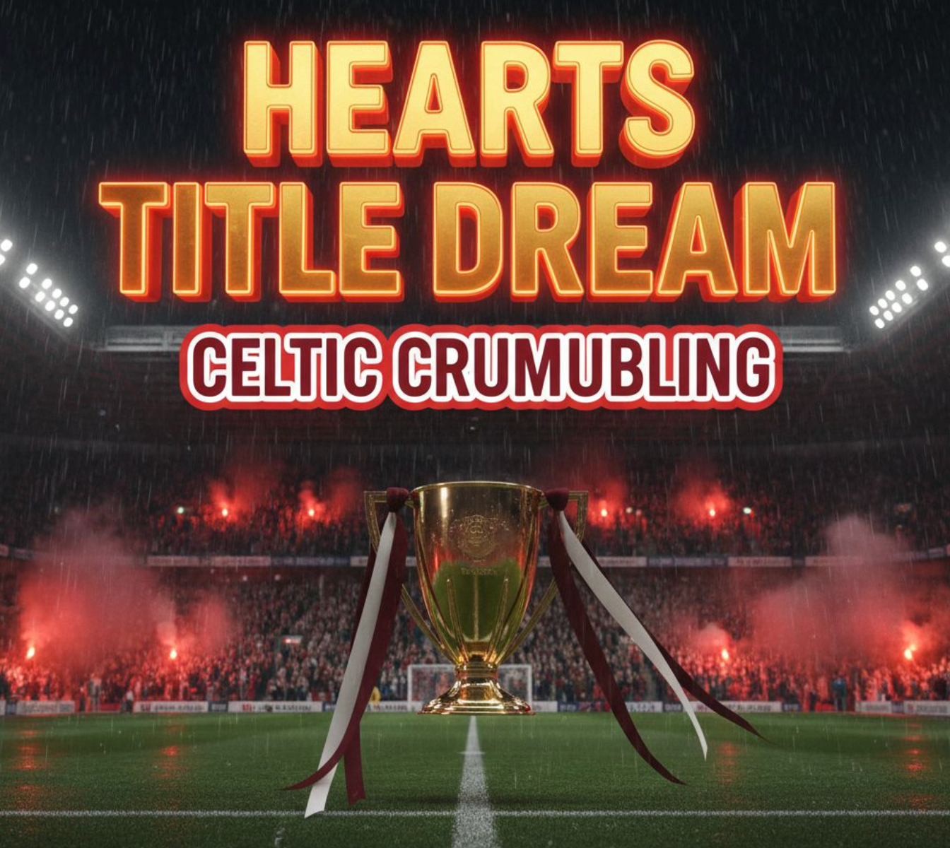 A viral, hyper-realistic YouTube thumbnail with a dramatic Scottish football atmosphere. The background is a packed Tynecastle Stadium at night under floodlights with maroon smoke flares exploding in the stands and rain streaking down. The composition uses a low-angle cinematic shot to focus on the main subject: a gleaming Scottish Premiership trophy floating above the pitch with maroon and white ribbons flying in the wind. The image features massive 3D typography with strict hierarchy: The Primary Text reads exactly: 'HEARTS TITLE DREAM'. This text is massive, the largest element in the frame, rendered in molten gold with glowing edges to look like a high-budget 3D render. The Secondary Text reads exactly: 'CELTIC CRUMBLING'. This text is significantly smaller, positioned below the main text with a thick white outline and red sticker-style border to pop against the dark background. The text materials correspond to the story's concept. Crucial Instruction: There is absolutely NO other text, numbers, watermarks, or subtitles in this image other than these two specific lines. 8k, Unreal Engine 5, cinematic render.