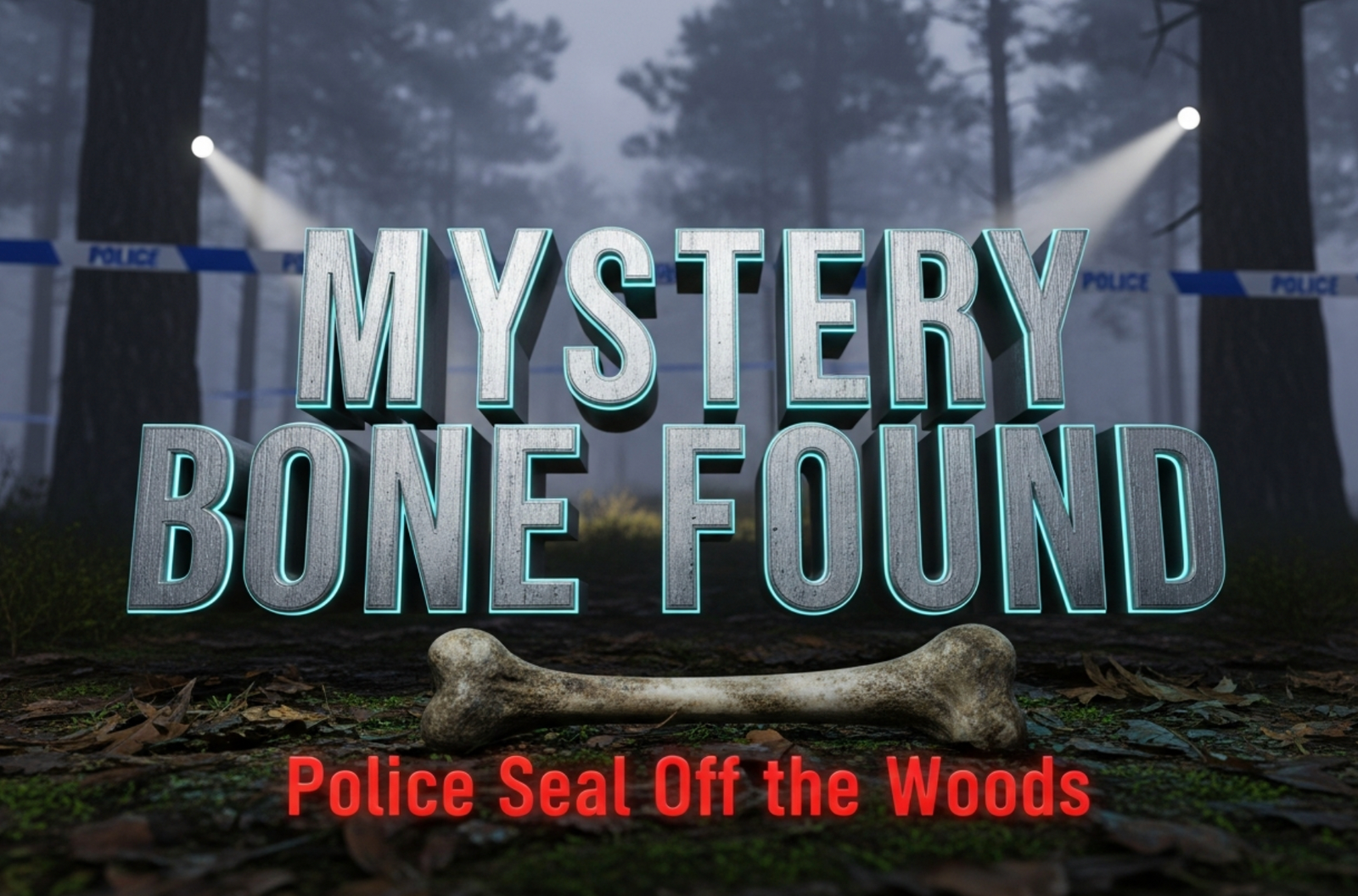 A viral, hyper-realistic YouTube thumbnail with a dark, moody Scottish winter crime scene atmosphere. The background is misty pine woodland at dusk with blue police tape stretched across trees and faint forensic spotlights cutting through fog. The composition uses a low-angle shot to focus on the main subject: a weathered human-like bone half-buried in wet leaves and moss. The image features massive 3D typography with strict hierarchy: The Primary Text reads exactly: 'MYSTERY BONE FOUND'. This text is massive, the largest element in the frame, rendered in cold brushed steel with glowing cyan edges to look like a high-budget 3D render. The Secondary Text reads exactly: 'Police Seal Off Woods'. This text is significantly smaller, positioned below the main text with a thick red outline and subtle motion blur effect. The text materials correspond to the story's concept. Crucial Instruction: There is absolutely NO other text, numbers, watermarks, or subtitles in this image other than these two specific lines. 8k, Unreal Engine 5, cinematic render