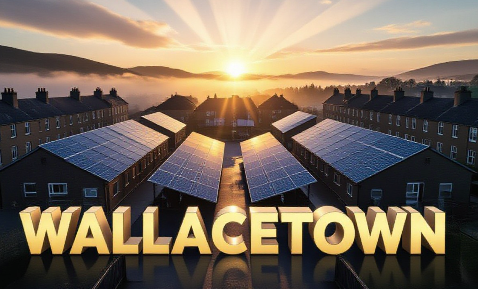 A viral, hyper-realistic YouTube thumbnail with a hopeful Scottishengineered green-energy atmosphere. The background is a gritty Scottish housing estate at golden hour sunrise, warm light hitting rows of tenements while massive gleaming solar panels dominate three school rooftops in the foreground with dramatic god rays cutting through morning mist. The composition uses a low-angle heroic shot to focus on the main subject: a cluster of shiny new solar panels reflecting the sunrise like golden treasure. The image features massive 3D typography with strict hierarchy: The Primary Text reads exactly: 'WALLACETOWN'. This text is massive, the largest element in the frame, rendered in polished chrome with electric blue energy glow edges to look like a high-budget 3D render. The Secondary Text reads exactly: '£1M FROM THE SUN'. This text is significantly smaller, positioned below the main text. It features a thick, bright yellow sticker-style outline with slight vibration effect to contrast against the background. Make sure text 2 is always different theme, style, effect and border compared to text 1. The text materials correspond to the story's concept. Crucial Instruction: There is absolutely NO other text, numbers, watermarks, or subtitles in this image other than these two specific lines. 8k, Unreal Engine 5, cinematic render