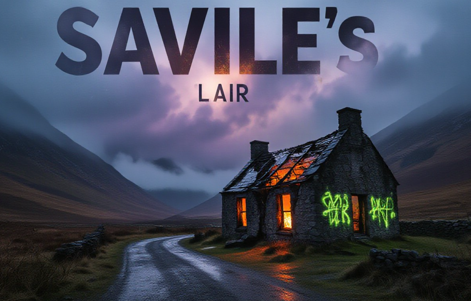 A viral, hyper-realistic YouTube thumbnail with a dark Scottish Highlands atmosphere. The background is misty Glencoe mountains at dusk with dramatic purple storm clouds rolling in and orange fire glow coming from within the ruined cottage. The composition uses a low, dramatic camera angle looking up the track toward the building to emphasize menace and isolation. The main subject is the burned-out shell of Allt-na-Reigh cottage, roof collapsed, windows black, bright fluorescent graffiti glowing on the walls. The image features massive 3D typography with strict hierarchy: The Primary Text reads exactly: 'SAVILE'S LAIR'. This text is massive, the largest element in the frame, rendered in cracked stone with green moss growing through the letters to look like a high-budget 3D render. The Secondary Text reads exactly: 'STILL STANDING'. This text is significantly smaller, positioned below the main text with a burning red outline and ember effects like it's on fire. Make sure text 2 has completely different style and effect from text 1. Crucial Instruction: There is absolutely NO other text, numbers, watermarks, or subtitles in this image other than these two specific lines. 8k, Unreal Engine 5, cinematic render