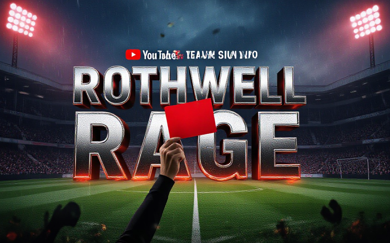 A viral, hyper-realistic YouTube thumbnail with a tense, stormy football atmosphere. The background is a rain-soaked Bramall Lane at night with red floodlights cutting through mist and angry crowd silhouettes. The composition uses a dramatic low angle to focus on the main subject: a bright red referee card held high in the foreground. The image features massive 3D typography with strict hierarchy: The Primary Text reads exactly: 'ROTHWELL RAGE'. This text is massive, the largest element in the frame, rendered in molten chrome with glowing red edges like burning metal. The Secondary Text reads exactly: '35-Min Nightmare'. This text is significantly smaller, positioned below the main text with thick white outline and red shadow sticker style. The text materials correspond to the story's concept. Crucial Instruction: There is absolutely NO other text, numbers, watermarks, or subtitles in this image other than these two specific lines. 8k, Unreal Engine 5, cinematic render