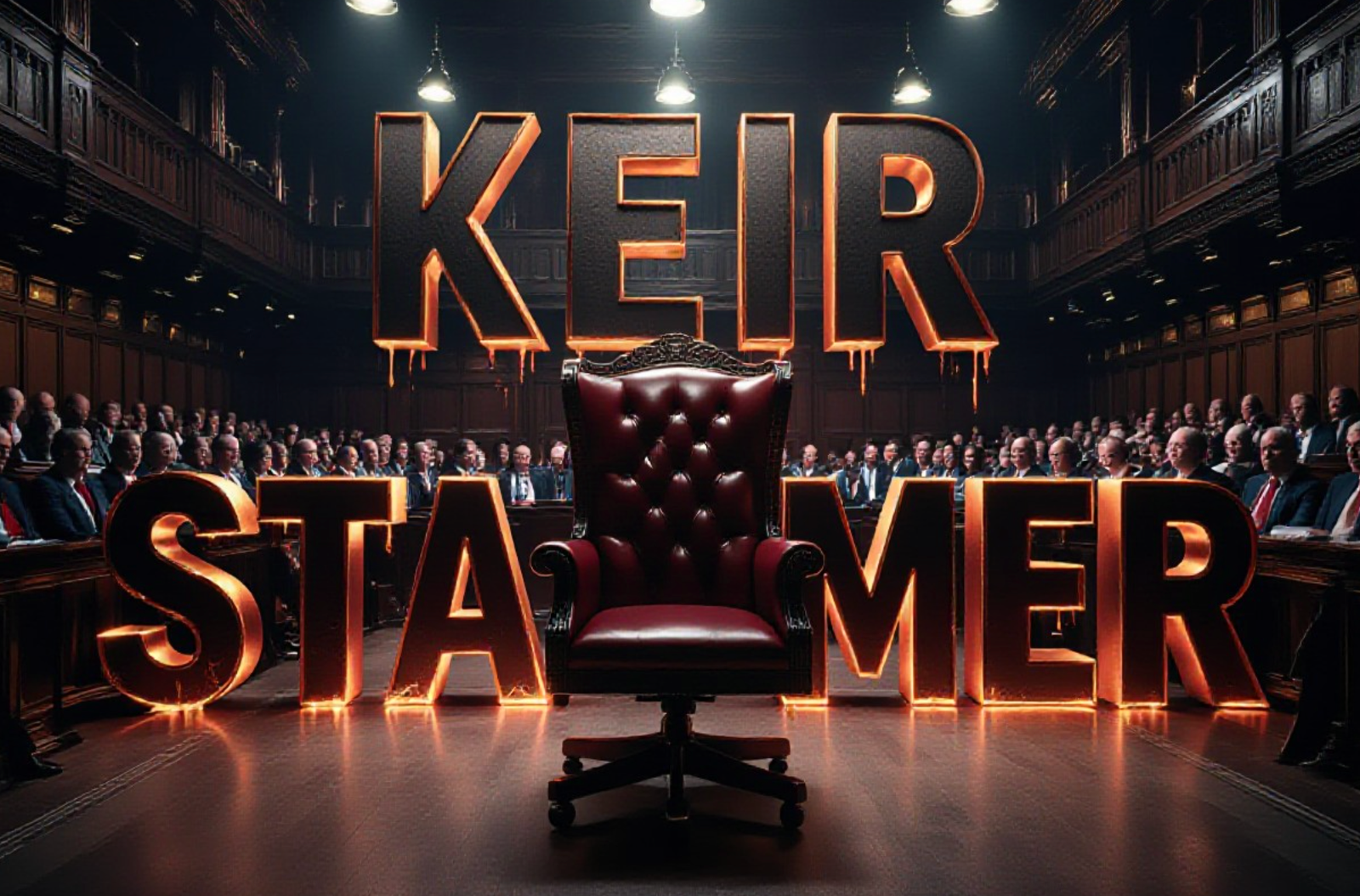 A viral, hyper-realistic YouTube thumbnail with a dramatic political crisis atmosphere. The background is the dark oak panelled Commons committee room packed with MPs under harsh overhead lighting with deep shadows and tension in the air. The composition uses a low dramatic angle to focus on the main subject: a gleaming polished Speaker's chair symbolising power and authority. The image features massive 3D typography with strict hierarchy: The Primary Text reads exactly: 'KEIR STARMER'. This text is massive, the largest element in the frame, rendered in molten steel with glowing red edges to look like a high-budget 3D render. The Secondary Text reads exactly: 'WON'T QUIT'. This text is significantly smaller, positioned below the main text with a thick white outline and red sticker-style border to contrast against the background. Make sure text 2 is always different theme, style, effect and border compared to text 1. The text materials correspond to the story's concept. Crucial Instruction: There is absolutely NO other text, numbers, watermarks, or subtitles in this image other than these two specific lines. 8k, Unreal Engine 5, cinematic render.