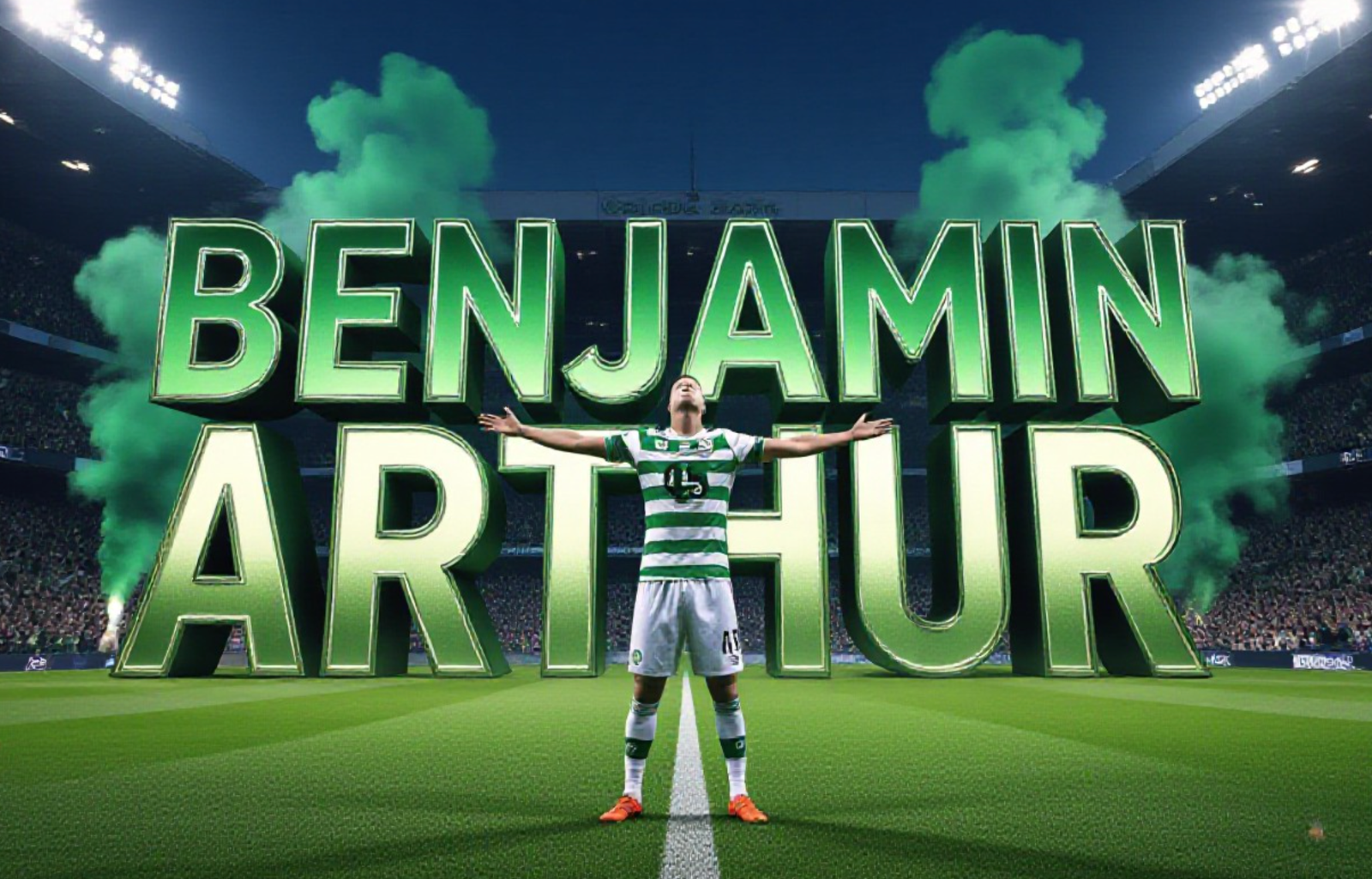 A viral, hyper-realistic YouTube thumbnail with a kinetic Scottish football atmosphere. The background is a packed Celtic Park at night under floodlights with green smoke flares and roaring crowd. The composition uses a dramatic low angle to focus on the main subject: a faceless figure in Celtic hoops wearing number 45, standing tall with arms outstretched on the pitch. The image features massive 3D typography with strict hierarchy: The Primary Text reads exactly: 'BENJAMIN ARTHUR'. This text is massive, the largest element in the frame, rendered in glowing emerald green chrome with Celtic crest subtle texture to look like a high-budget 3D render. The Secondary Text reads exactly: 'UNLEASH HIM NOW'. This text is significantly smaller, positioned below the main text with a thick white outline and red sticker-style border to contrast against the background. The text materials correspond to the story's concept. Crucial Instruction: There is absolutely NO other text, numbers, watermarks, or subtitles in this image other than these two specific lines. 8k, Unreal Engine 5, cinematic render