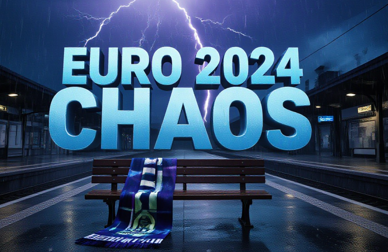 A viral, hyper-realistic YouTube thumbnail with a dramatic nighttime sports adventure atmosphere. The background is a deserted Bavarian train station under a violent thunderstorm, heavy rain pouring, dramatic purple lightning cracking across black skies. The composition uses a low-angle cinematic shot to focus on the main subject: a soaked Scotland scarf dramatically draped over an empty platform bench, illuminated by a single flickering station light. The image features massive 3D typography with strict hierarchy: The Primary Text reads exactly: 'EURO 2024 CHAOS'. This text is massive, the largest element in the frame, rendered in electric blue chrome with glowing edges like lightning. The Secondary Text reads exactly: 'TRACTOR RESCUE'. This text is significantly smaller, positioned bottom right, in bold white with thick red sticker-style outline. The text materials correspond to the story's concept. Crucial Instruction: There is absolutely NO other text, numbers, watermarks, or subtitles in this image other than these two specific lines. 8k, Unreal Engine 5, cinematic render.