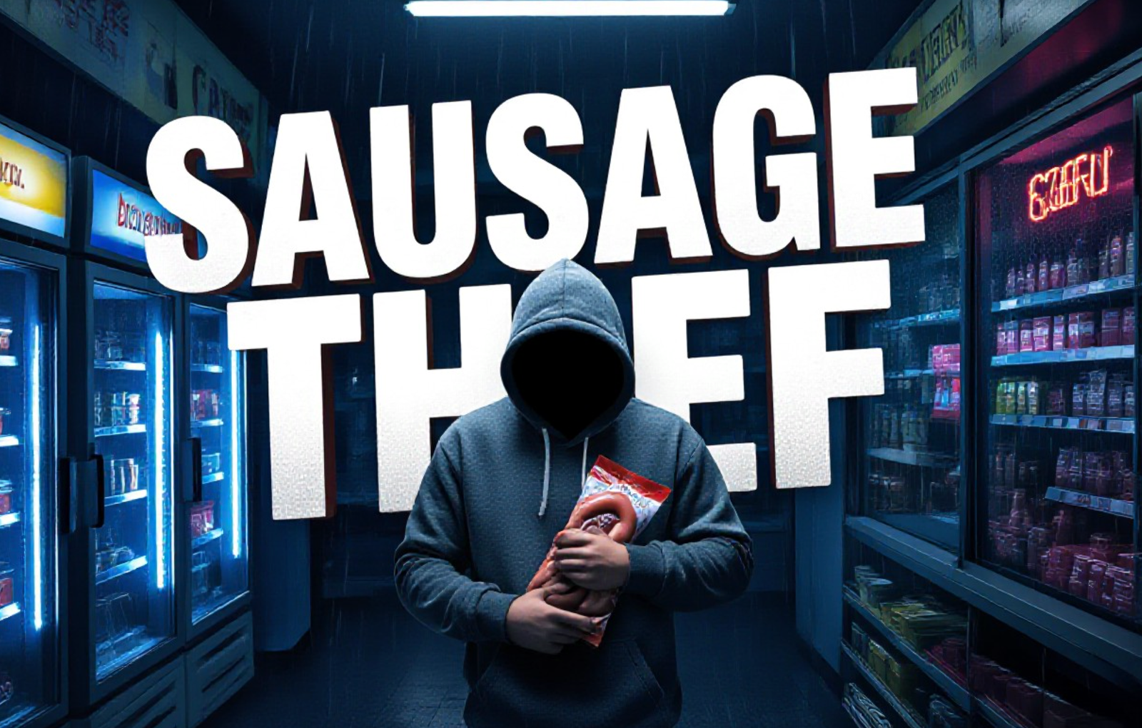 A viral, hyper-realistic YouTube thumbnail with a gritty urban Scottish vibe atmosphere. The background is a dimly lit corner shop interior in Craigshill, Livingston with fridges glowing blue and red, Scottish products visible on shelves, light rain streaks on the window outside. The composition uses a dramatic low-angle security camera view to focus on the main subject: a faceless male figure in grey hoodie mid-theft stuffing sausage pack into pocket. The image features massive 3D typography with strict hierarchy: The Primary Text reads exactly: 'SAUSAGE THIEF'. This text is massive, the largest element in the frame, rendered in dripping red ketchup-like material to look like a high-budget 3D render. The Secondary Text reads exactly: 'Caught Red-Handed'. This text is significantly smaller, positioned below the main text. It features a thick white border with black outline sticker style to contrast against the background. Make sure text 2 is always different theme, style, effect and border compared to text 1. The text materials correspond to the story's concept. Crucial Instruction: There is absolutely NO other text, numbers, watermarks, or subtitles in this image other than these two specific lines. 8k, Unreal Engine 5, cinematic render