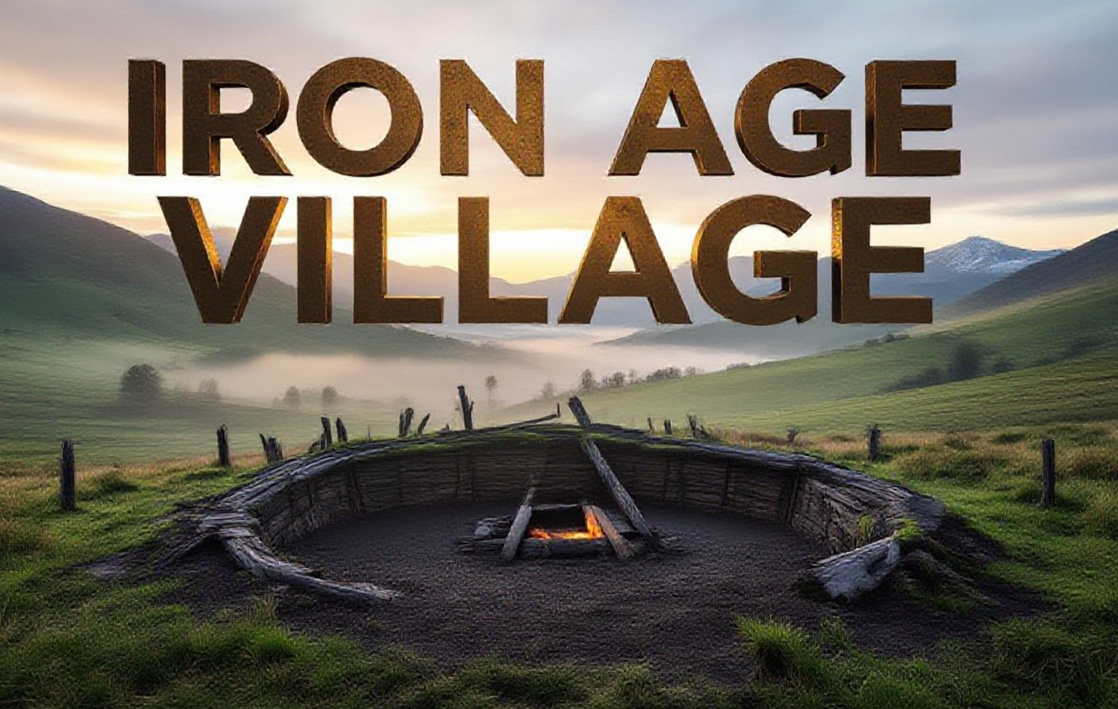 A viral, hyper-realistic YouTube thumbnail with a dramatic ancient Scottish Highlands atmosphere. The background is a misty Beauly valley at dawn with rolling green hills and distant mountains under soft golden light. The composition uses a low, heroic camera angle to focus on the main subject: a massive, freshly excavated Iron Age roundhouse with charred timbers and central hearth exposed in dark earth. The image features massive 3D typography with strict hierarchy: The Primary Text reads exactly: 'IRON AGE VILLAGE FOUND'. This text is massive, the largest element in the frame, rendered in weathered bronze metal with glowing orange ember edges to look like a high-budget 3D render. The Secondary Text reads exactly: 'Scotland Shocker'. This text is significantly smaller, positioned below the main text with a thick white sticker-style outline and slight drop shadow to pop against the earthy background. The text materials correspond to the story's concept. Crucial Instruction: There is absolutely NO other text, numbers, watermarks, or subtitles in this image other than these two specific lines. 8k, Unreal Engine 5, cinematic render.